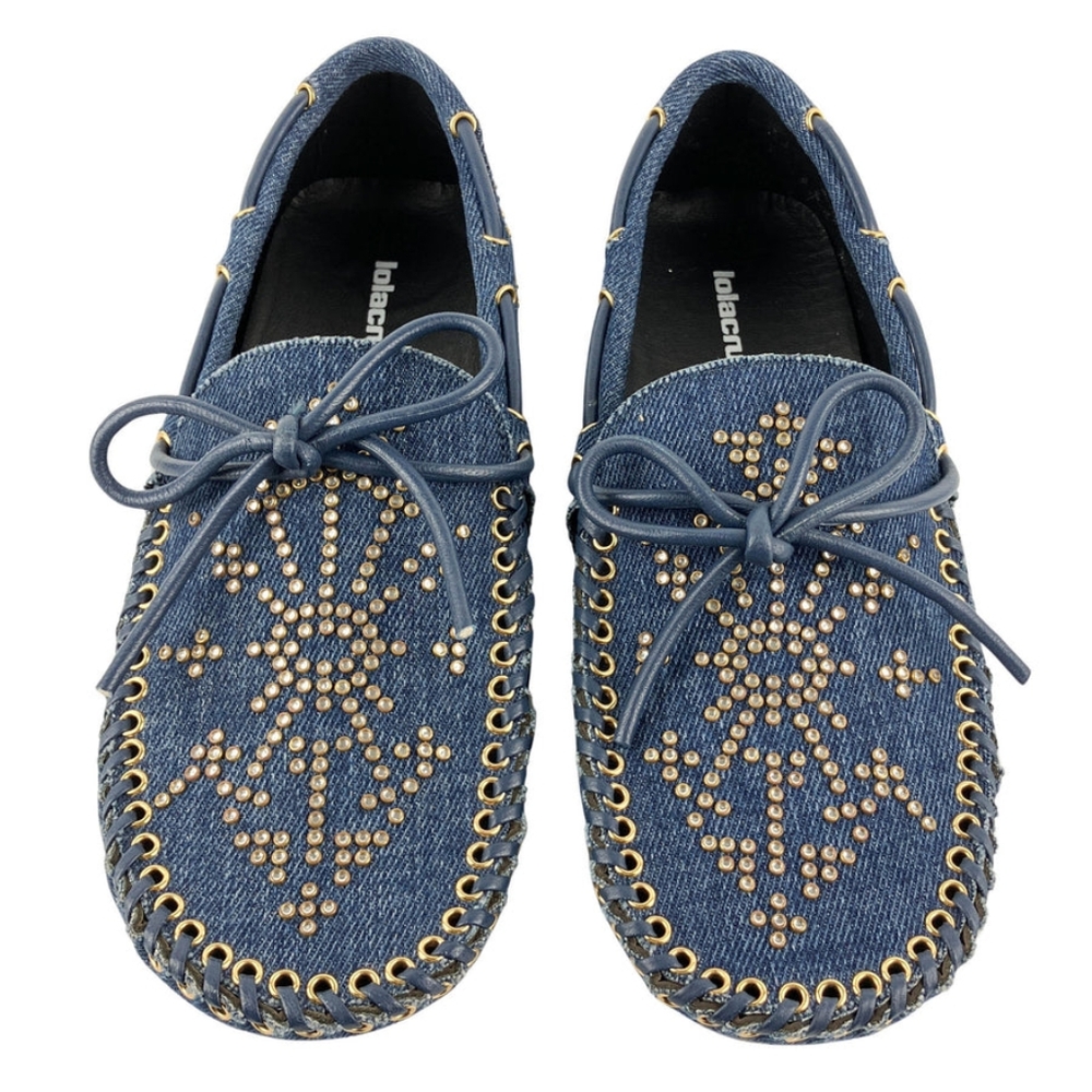 Nib sz 36(6) $288 Lola Cruz Blue Denim Studded Loafers